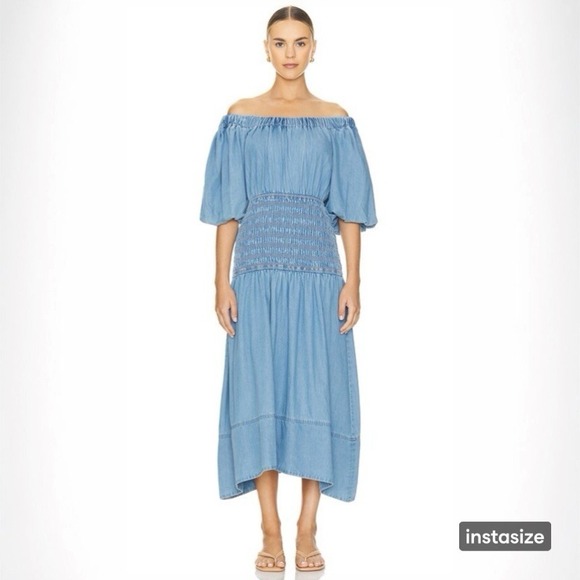 Misa Los Angeles Dresses & Skirts - NWT Misa Los Angeles Medium Blue Denim Smocked Drop Waist Puff Sleeve Midi Dress